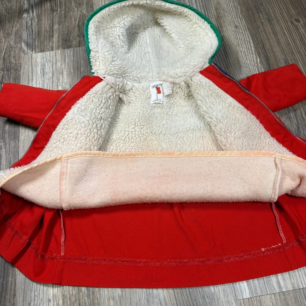 Vintage Koala Way Kids Red Navy Sherpa Lined Floral Applique Hooded Coat Size 3